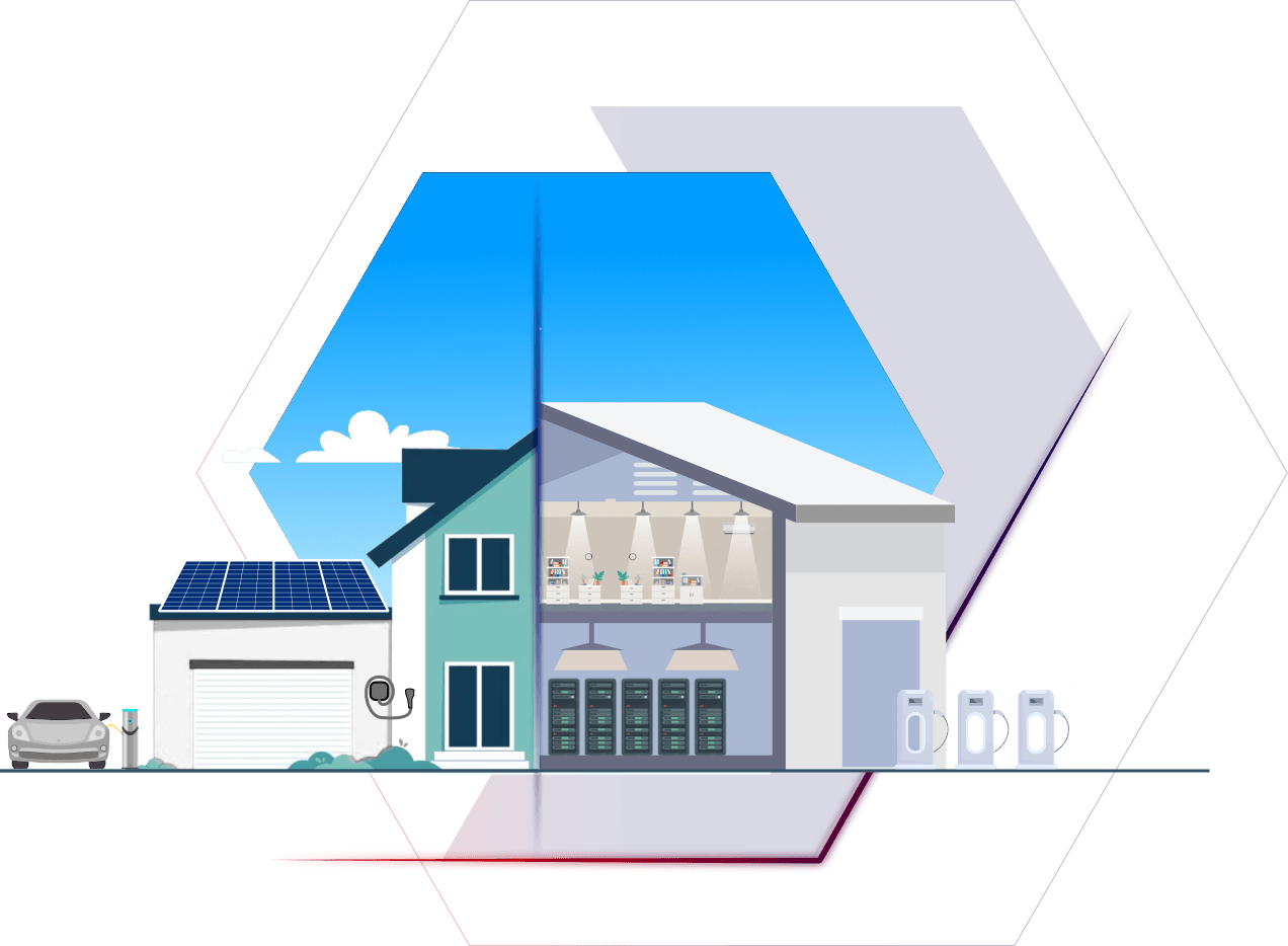 Illustration eines Einfamilienhauses mit Solarpanels, Ladesäule und Wallbox, das in einen Serverraum mit IT-Infrastruktur und mehrere Ladesäulen übergeht